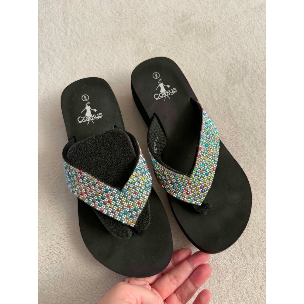 Corkys Womens 9 Multi Blissful Platform Sandals Rhinestone Wedge Flip Flops